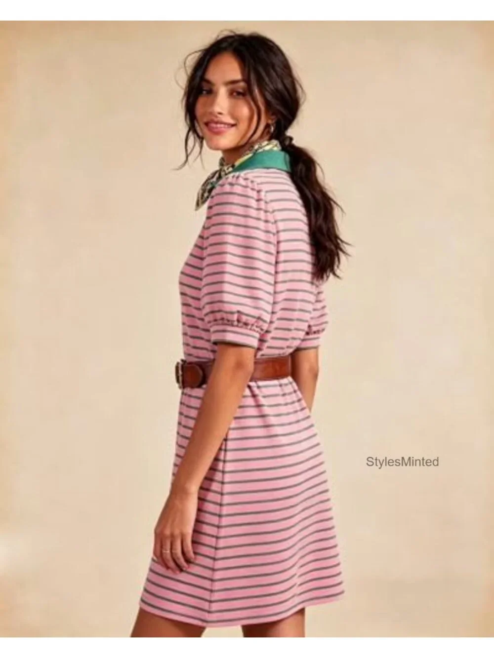 Striped A-Line Mini Dress with Pockets V-Neck Puffy Short Sleeve Summer Casual